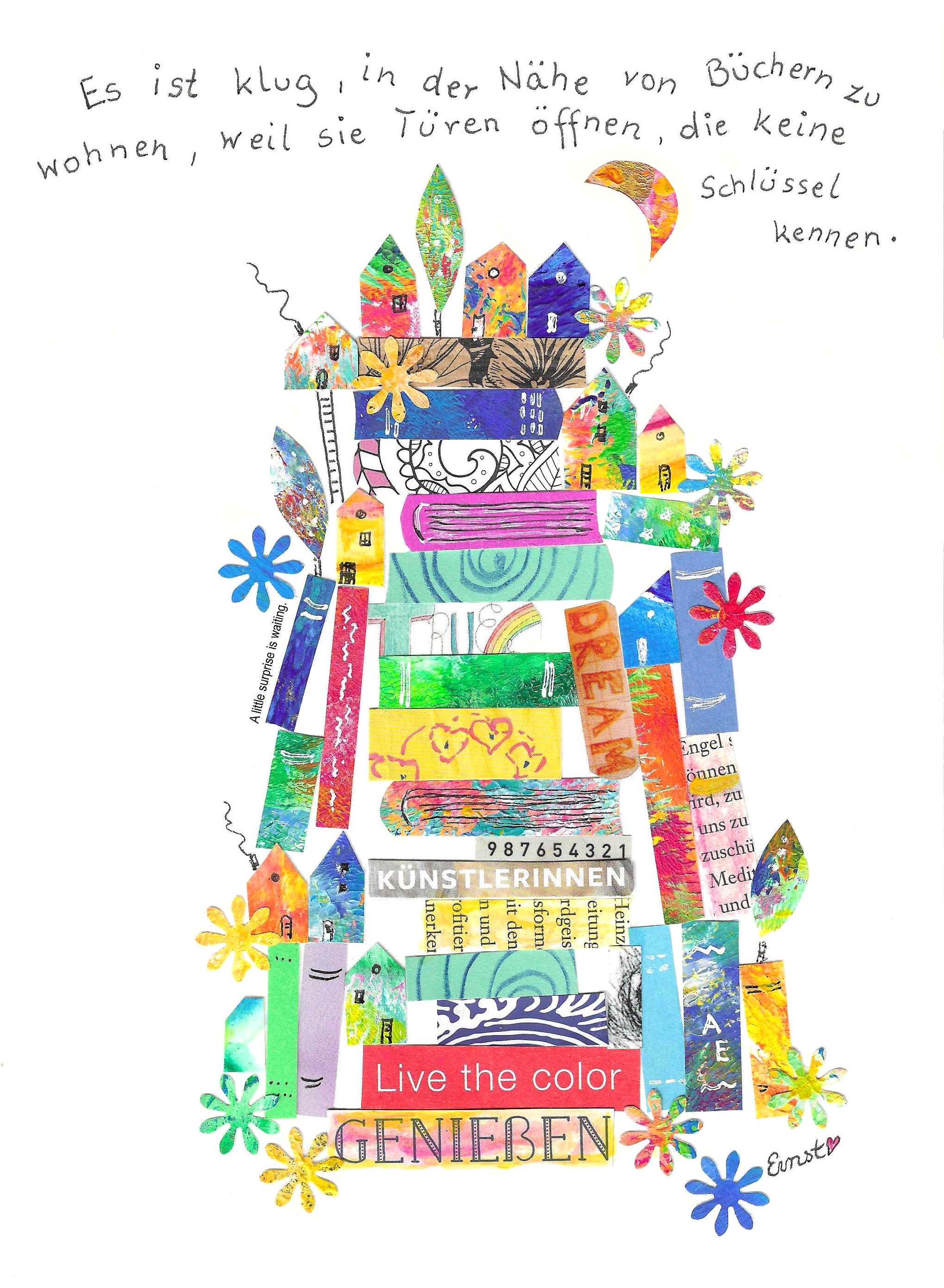 Farbenfrohes Kunstwerk mit Büchern und Türen von Andrea Ernst